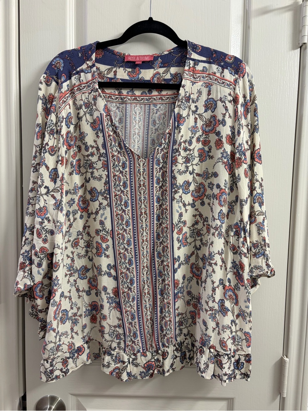 Rose & Thorne Ivory Floral Tunic Top with Blue & Coral Accents